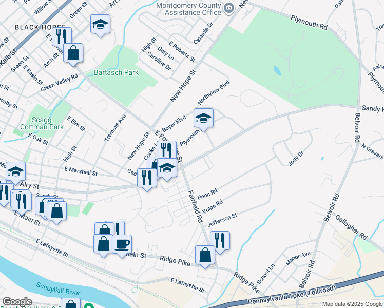 map of restaurants, bars, coffee shops, grocery stores, and more near 1408 Oakland Boulevard in Plymouth Meeting
