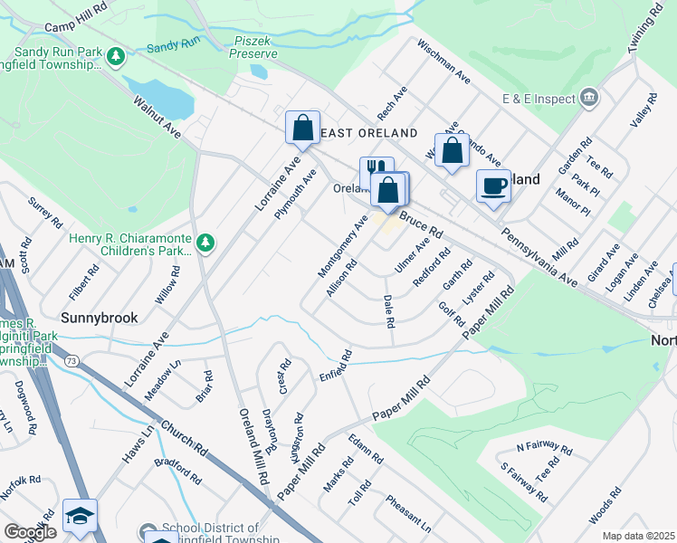 map of restaurants, bars, coffee shops, grocery stores, and more near 209 Allison Road in Oreland