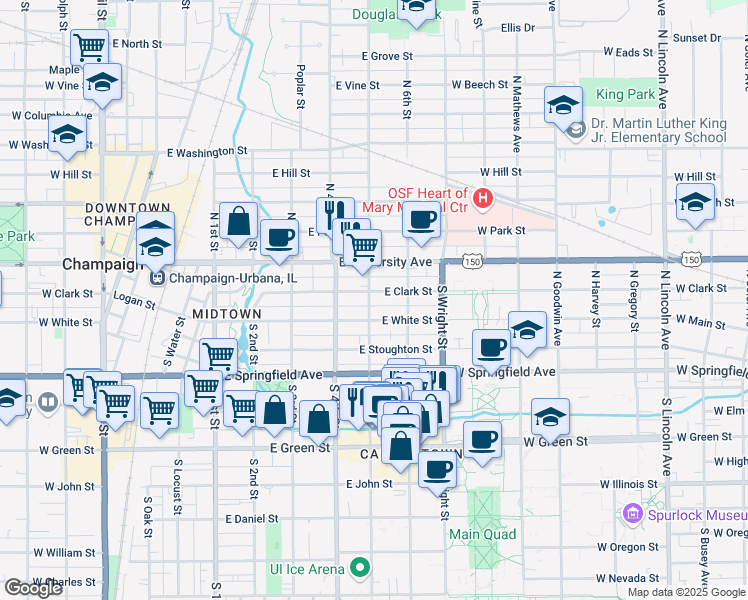 map of restaurants, bars, coffee shops, grocery stores, and more near 204 South 5th Street in Champaign