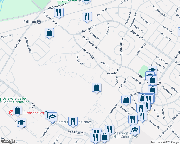 map of restaurants, bars, coffee shops, grocery stores, and more near 10071 Sandmeyer Lane in Philadelphia