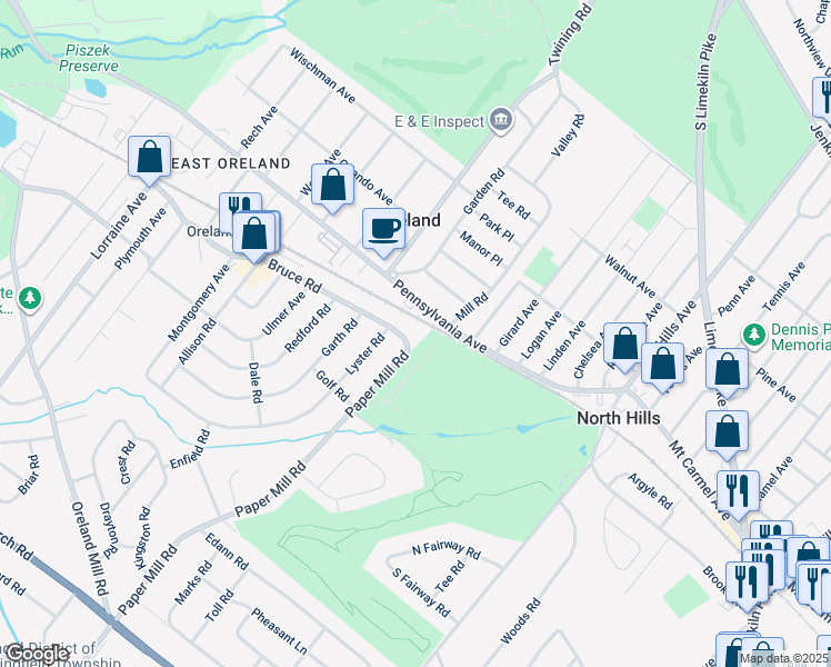 map of restaurants, bars, coffee shops, grocery stores, and more near 11 Paper Mill Road in Oreland