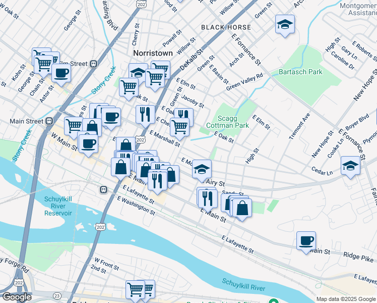 map of restaurants, bars, coffee shops, grocery stores, and more near 318 East Marshall Street in Norristown