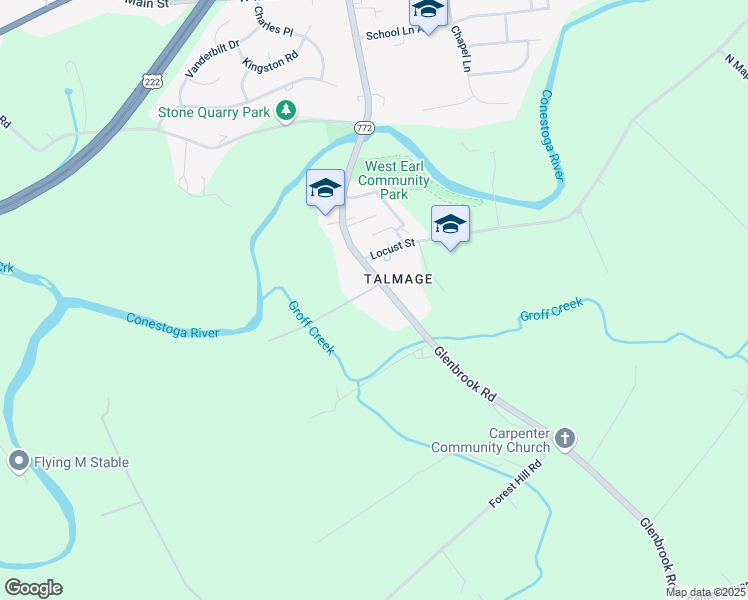 map of restaurants, bars, coffee shops, grocery stores, and more near 13 Stoltzfus Lane in Brownstown