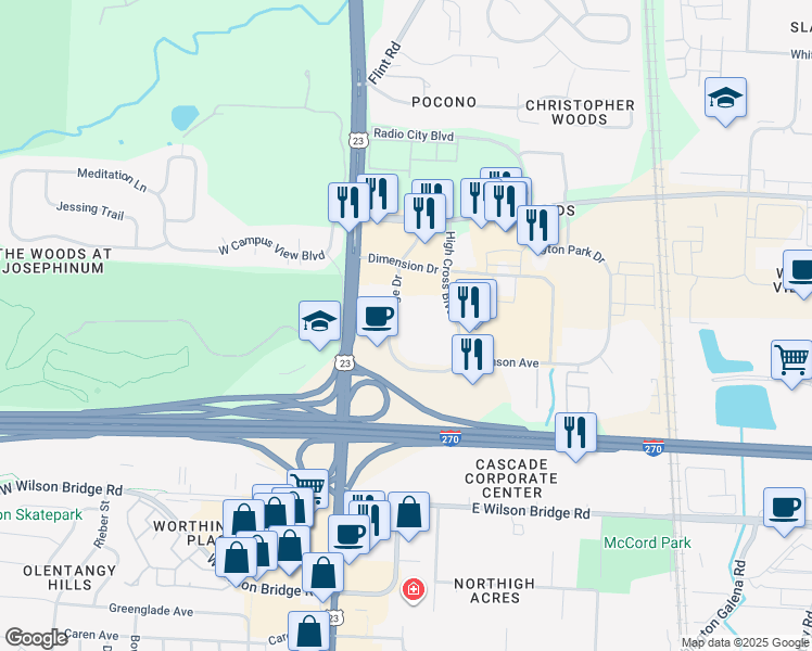 map of restaurants, bars, coffee shops, grocery stores, and more near 7411 Vantage Drive in Columbus