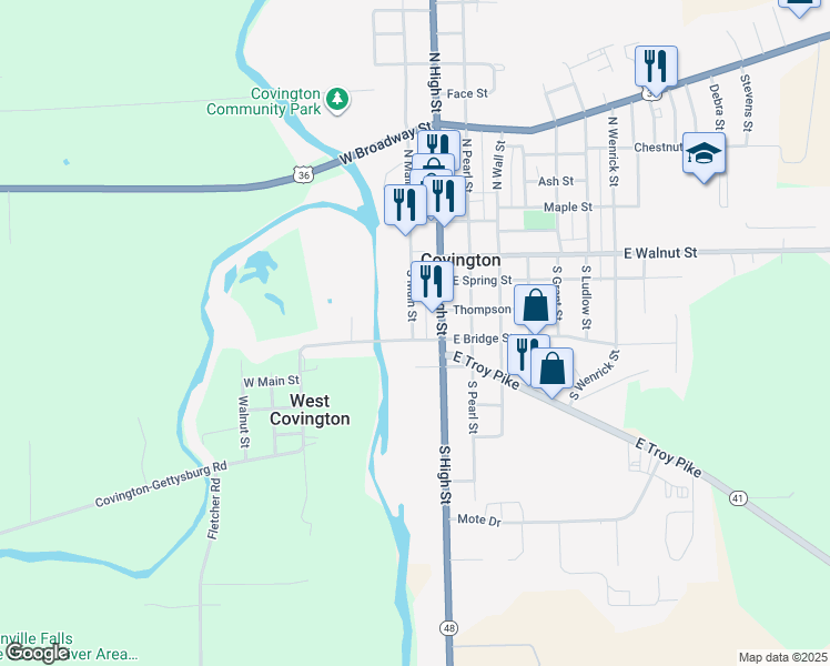 map of restaurants, bars, coffee shops, grocery stores, and more near 22 West Dodd Street in Covington