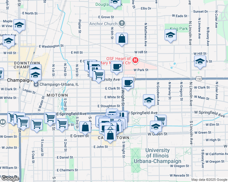 map of restaurants, bars, coffee shops, grocery stores, and more near 602 East White Street in Champaign