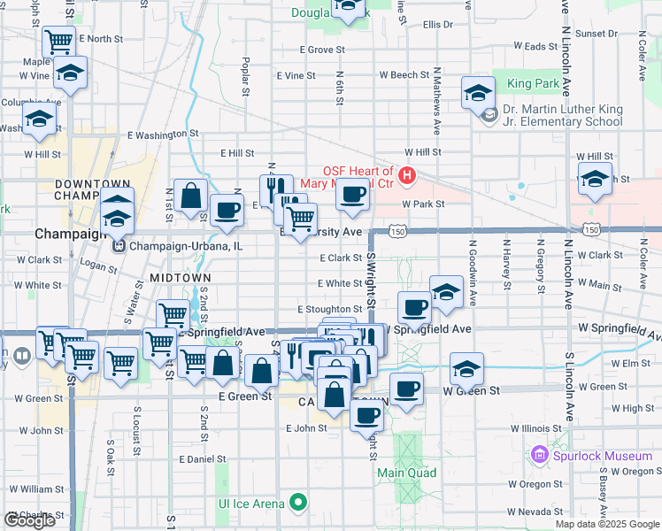 map of restaurants, bars, coffee shops, grocery stores, and more near 504 East White Street in Champaign
