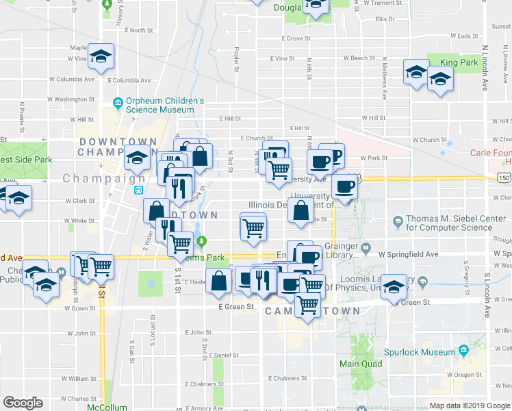 map of restaurants, bars, coffee shops, grocery stores, and more near 308 East White Street in Champaign
