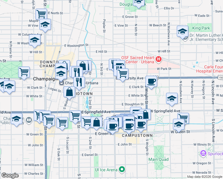 map of restaurants, bars, coffee shops, grocery stores, and more near 308 East White Street in Champaign