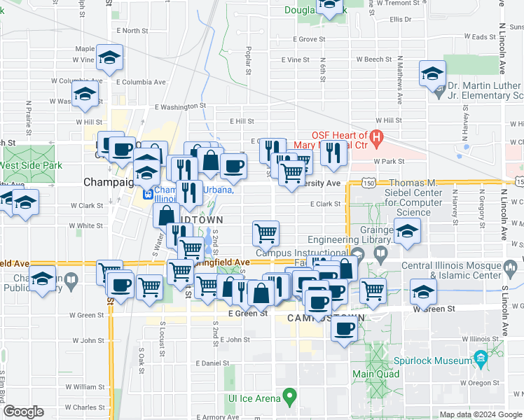 map of restaurants, bars, coffee shops, grocery stores, and more near 308 East White Street in Champaign