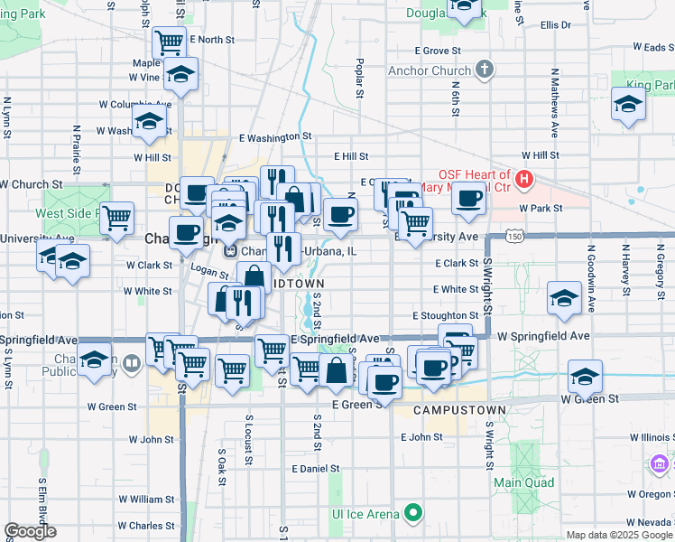 map of restaurants, bars, coffee shops, grocery stores, and more near 217 South 3rd Street in Champaign