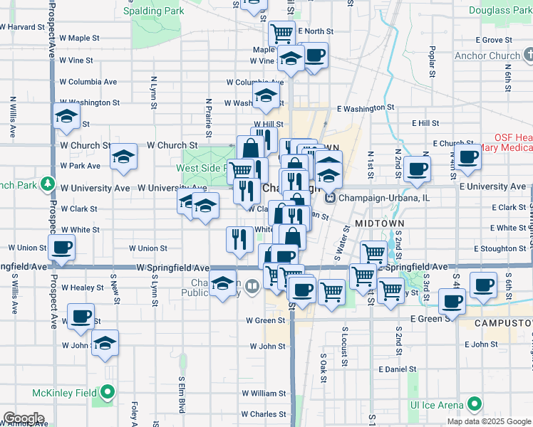 map of restaurants, bars, coffee shops, grocery stores, and more near 124 West White Street in Champaign