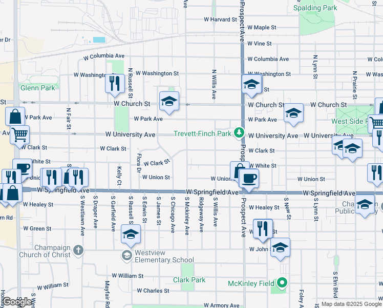 map of restaurants, bars, coffee shops, grocery stores, and more near 1010 West White Street in Champaign