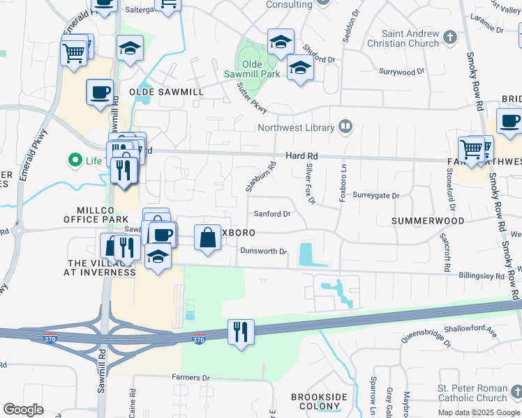 map of restaurants, bars, coffee shops, grocery stores, and more near 2462 Sanford Drive in Columbus