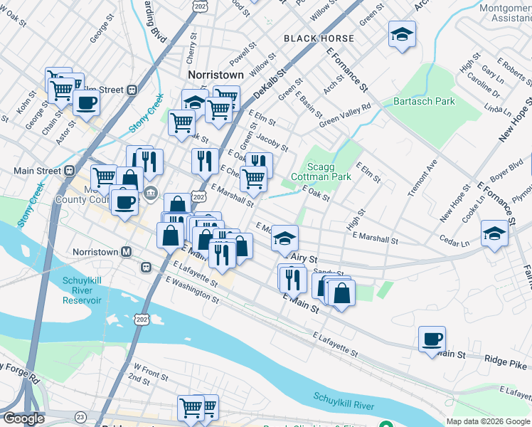 map of restaurants, bars, coffee shops, grocery stores, and more near 314 East Moore Street in Norristown