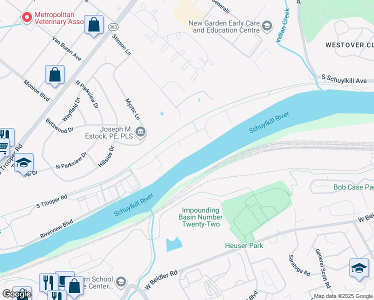 map of restaurants, bars, coffee shops, grocery stores, and more near 69 West Indian Lane in Norristown