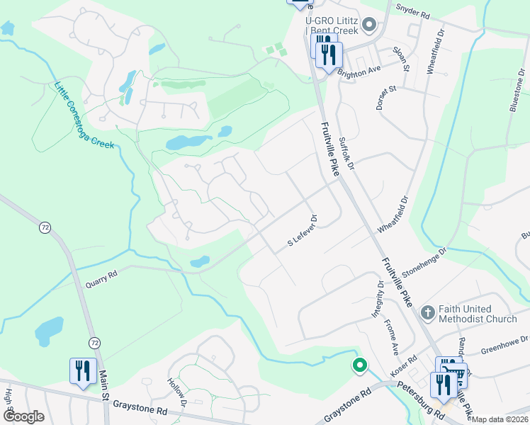 map of restaurants, bars, coffee shops, grocery stores, and more near 656 Woodfield Drive in Lititz