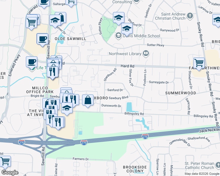 map of restaurants, bars, coffee shops, grocery stores, and more near 2462 Sanford Drive in Columbus