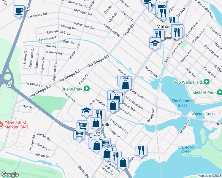 map of restaurants, bars, coffee shops, grocery stores, and more near 606 Borrie Avenue in Brielle