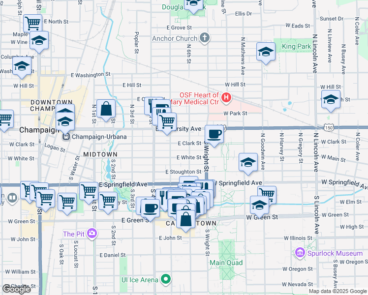 map of restaurants, bars, coffee shops, grocery stores, and more near 504 East White Street in Champaign