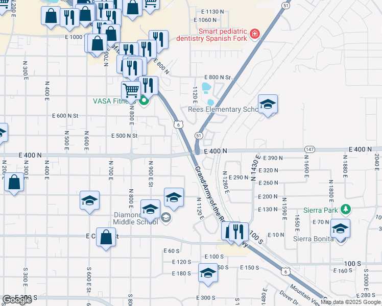 map of restaurants, bars, coffee shops, grocery stores, and more near 1200 East 400 North in Spanish Fork