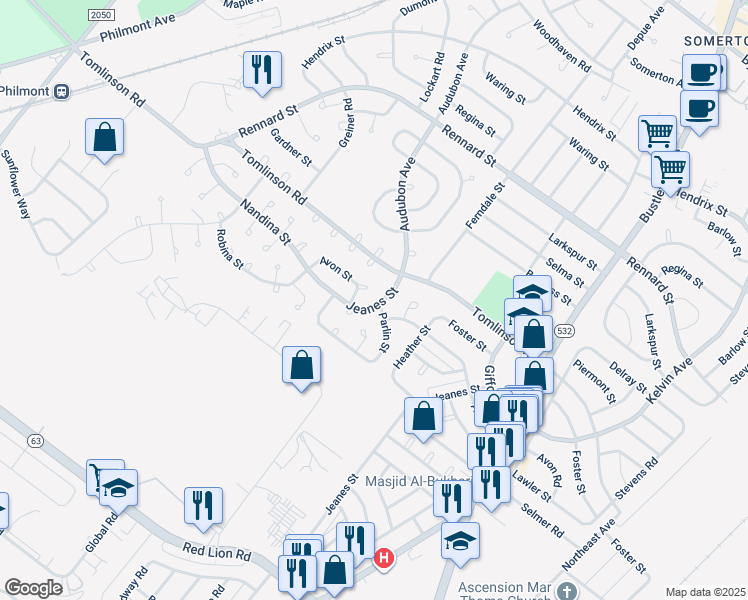 map of restaurants, bars, coffee shops, grocery stores, and more near 441 Jeanes Street in Philadelphia