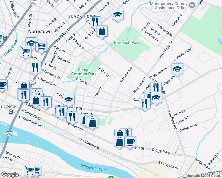 map of restaurants, bars, coffee shops, grocery stores, and more near 824 Faircourt Avenue in Norristown