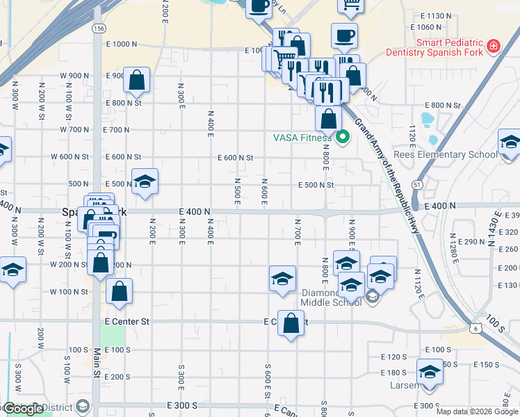 map of restaurants, bars, coffee shops, grocery stores, and more near 540 East 400 North in Spanish Fork