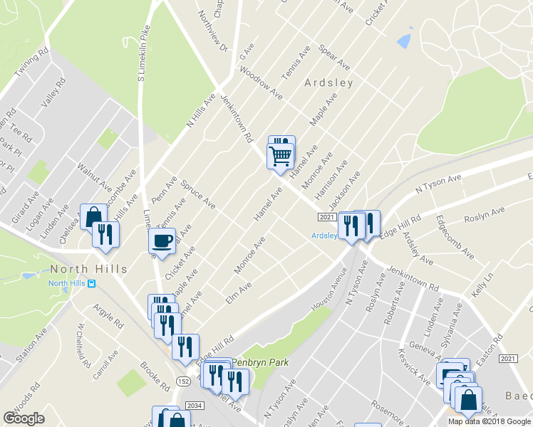 map of restaurants, bars, coffee shops, grocery stores, and more near 451 Hamel Avenue in Glenside