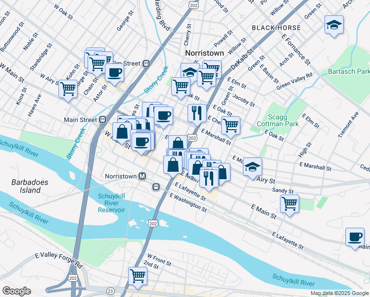 map of restaurants, bars, coffee shops, grocery stores, and more near 333 U.S. 202 in Norristown