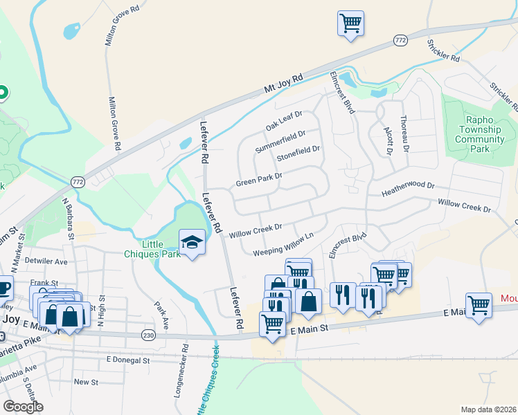 map of restaurants, bars, coffee shops, grocery stores, and more near 4086 Green Park Drive in Mount Joy