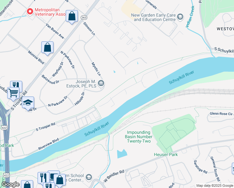 map of restaurants, bars, coffee shops, grocery stores, and more near 76 West Indian Lane in Norristown