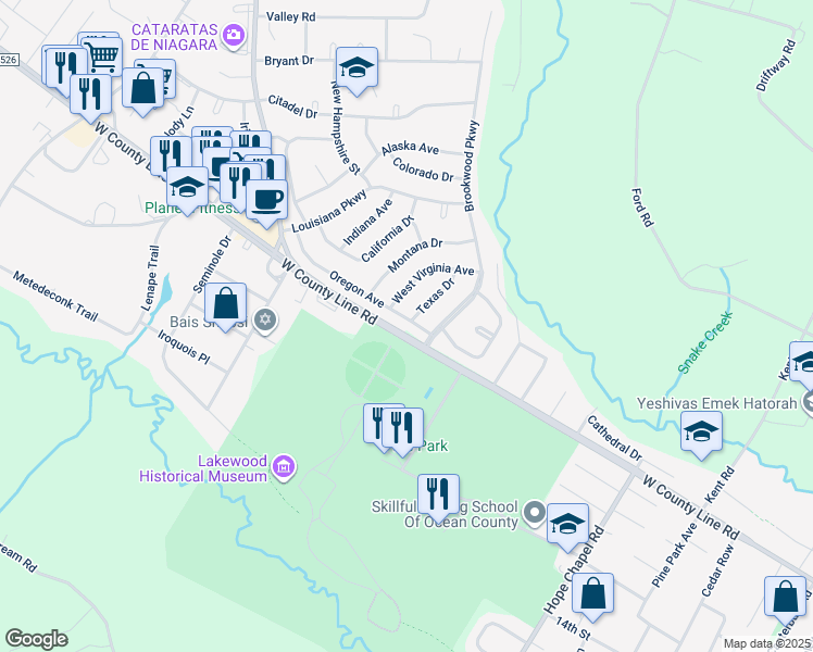 map of restaurants, bars, coffee shops, grocery stores, and more near 5 Oregon Avenue in Jackson Township