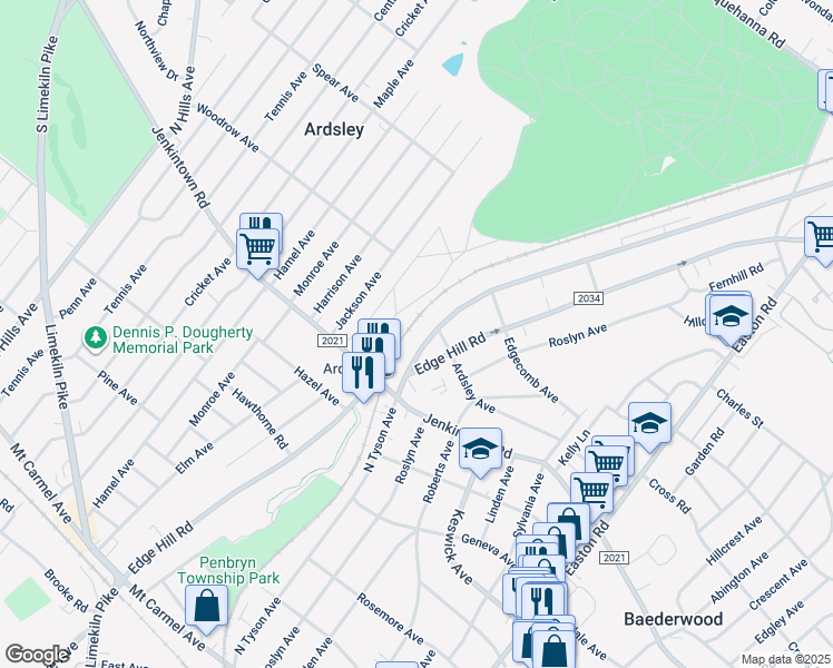 map of restaurants, bars, coffee shops, grocery stores, and more near 588 North Tyson Avenue in Glenside