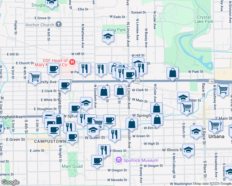map of restaurants, bars, coffee shops, grocery stores, and more near 1004 West Main Street in Urbana