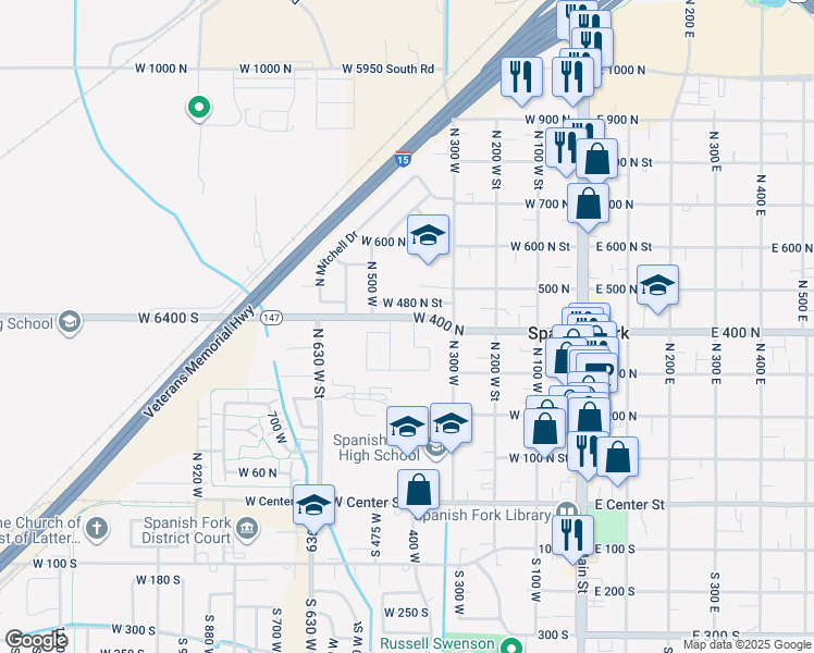 map of restaurants, bars, coffee shops, grocery stores, and more near 393 North 400 West in Spanish Fork
