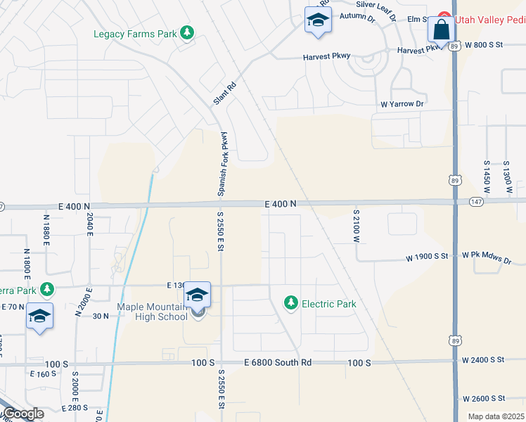 map of restaurants, bars, coffee shops, grocery stores, and more near 2675 East 390 North in Spanish Fork