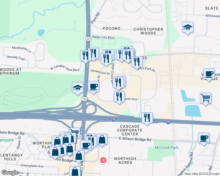 map of restaurants, bars, coffee shops, grocery stores, and more near 7365 High Cross Boulevard in Columbus