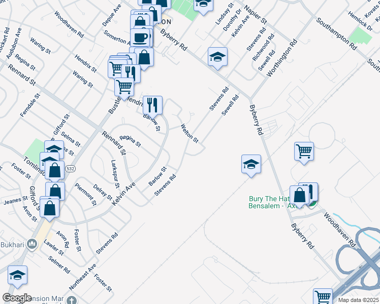 map of restaurants, bars, coffee shops, grocery stores, and more near 11854 Sewell Road in Philadelphia