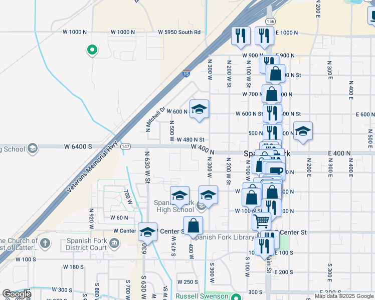 map of restaurants, bars, coffee shops, grocery stores, and more near 393 North 400 West in Spanish Fork