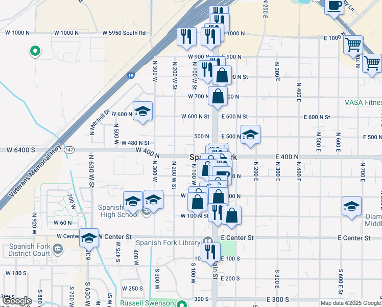 map of restaurants, bars, coffee shops, grocery stores, and more near 369 North 100 West Street in Spanish Fork