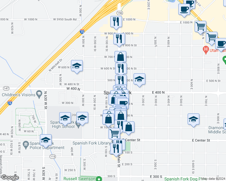 map of restaurants, bars, coffee shops, grocery stores, and more near in Spanish Fork