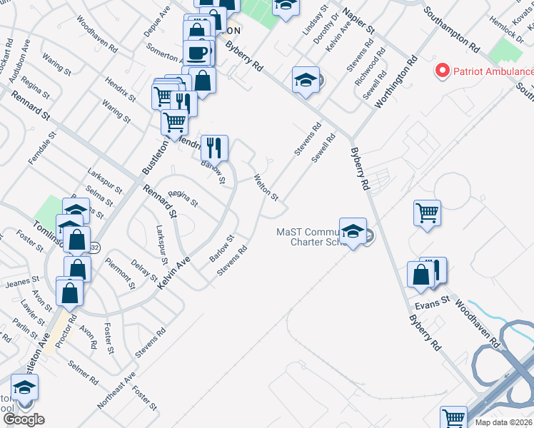 map of restaurants, bars, coffee shops, grocery stores, and more near 11853 Sewell Road in Philadelphia
