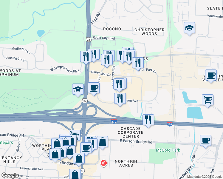 map of restaurants, bars, coffee shops, grocery stores, and more near 7365 High Cross Boulevard in Columbus