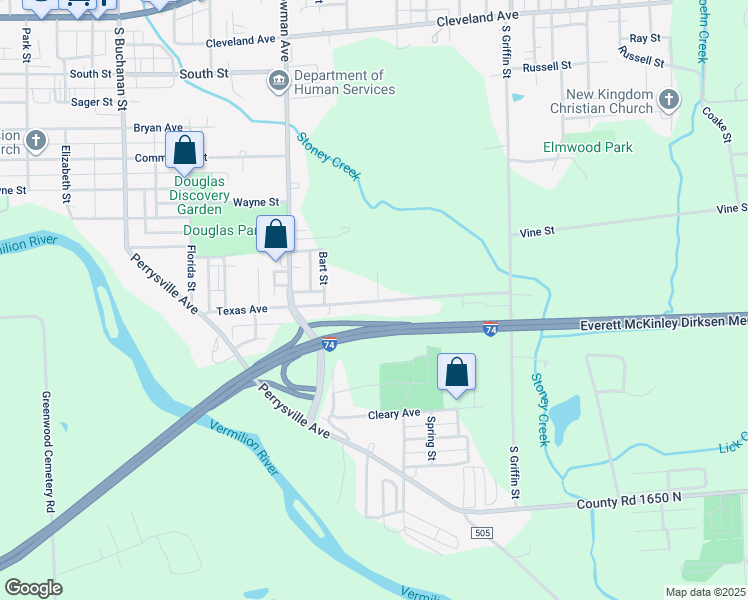 map of restaurants, bars, coffee shops, grocery stores, and more near Interstate 74 in Danville