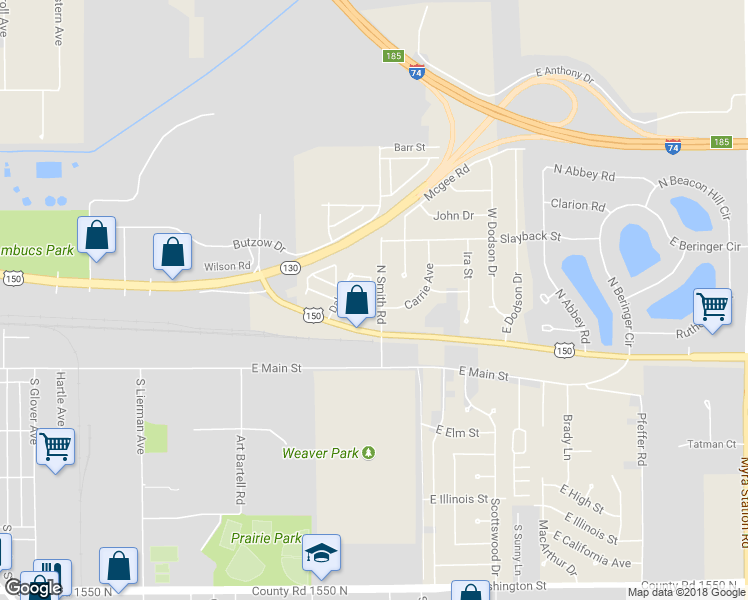 map of restaurants, bars, coffee shops, grocery stores, and more near 201 North Smith Road in Urbana