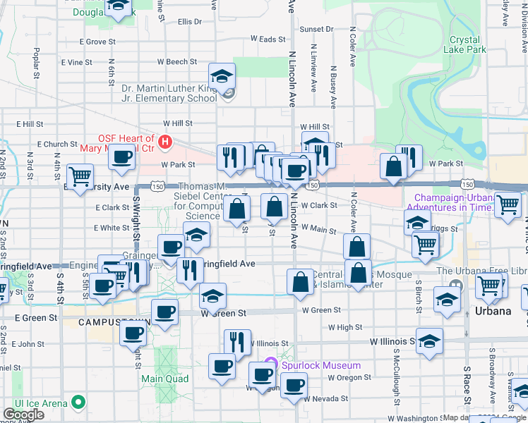 map of restaurants, bars, coffee shops, grocery stores, and more near 1004 West Main Street in Urbana