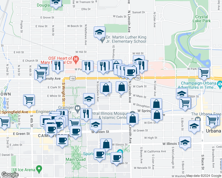map of restaurants, bars, coffee shops, grocery stores, and more near 1102 West Main Street in Urbana