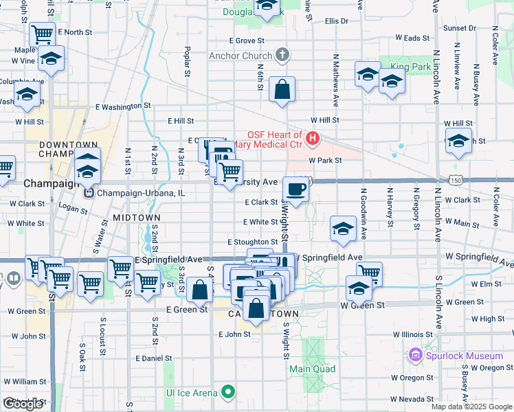 map of restaurants, bars, coffee shops, grocery stores, and more near 602 East White Street in Champaign
