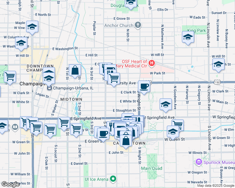 map of restaurants, bars, coffee shops, grocery stores, and more near 504 East White Street in Champaign